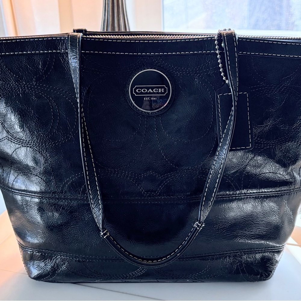 Coach Black Leather Tote with Logo Accent